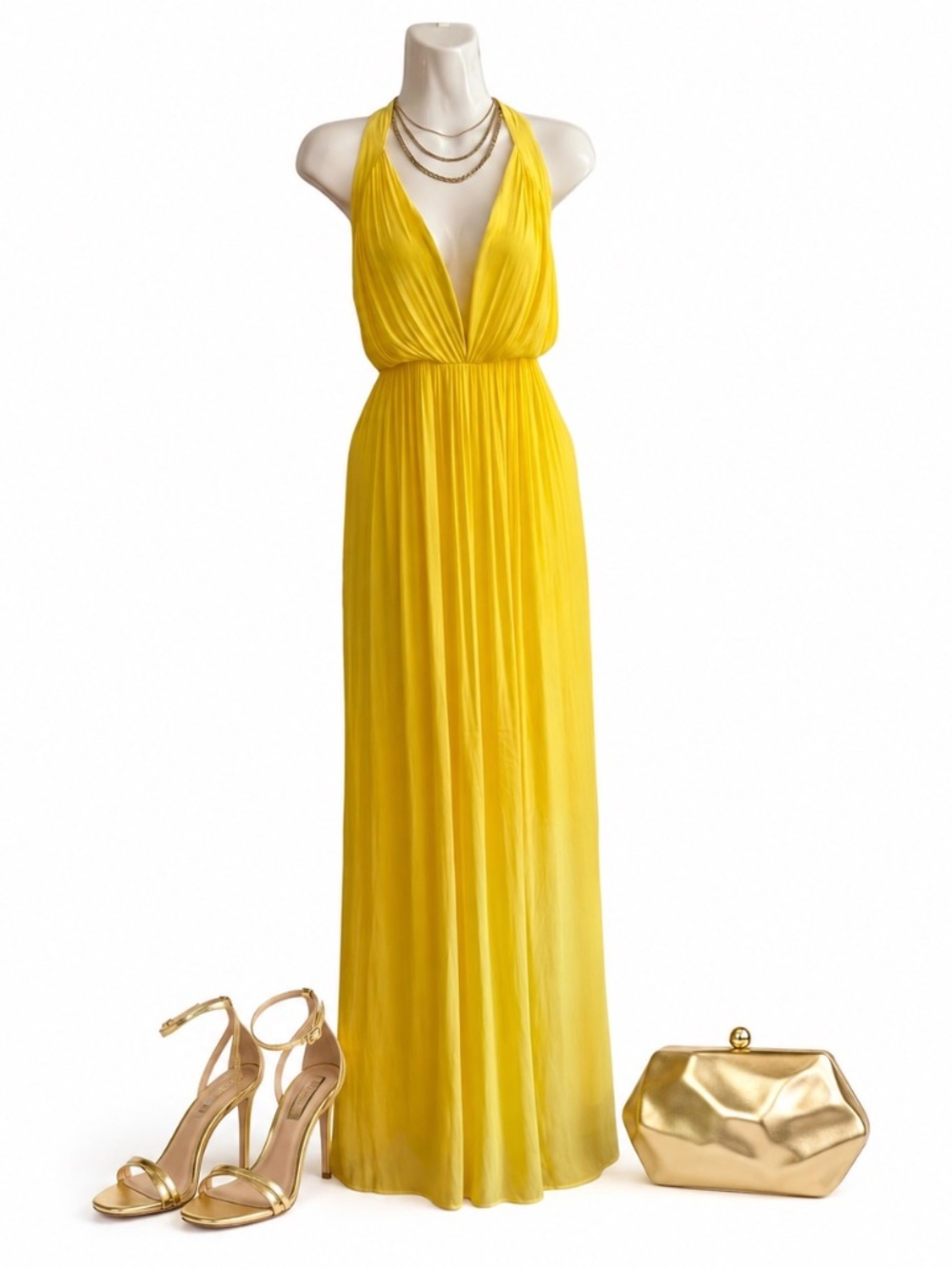NWT Forever 21 Yellow Satin Halter Maxi Dress S